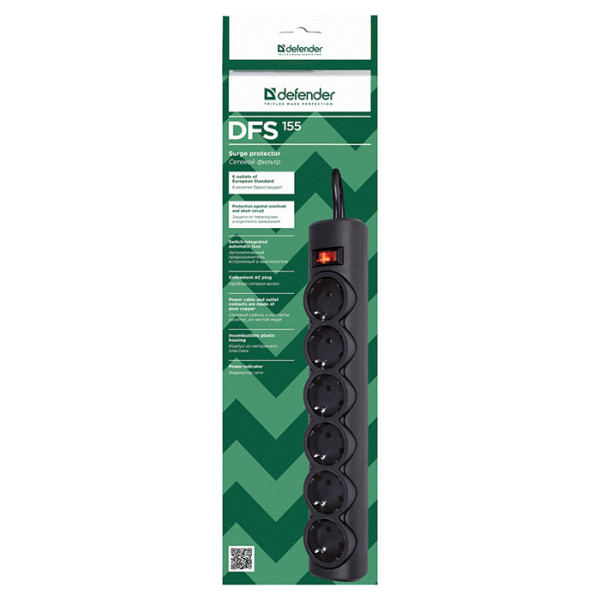 Мережевий фільтр Defender DFS 155 Black 220V, 5 м, 6 розеток купити ...