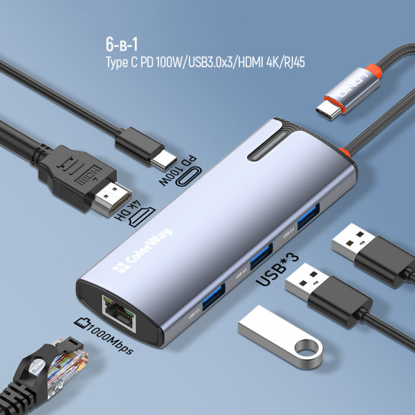 USB-ХАБ COLORWAY (CW-HUB02) 6-IN-1 TYPE-C PD 100W GRAY 8