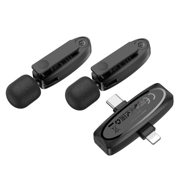 МІКРОФОННА РАДІОСИСТЕМА HOCO L15 DUAL-MIC CLIP-ON WIRELESS DIGITAL MICROPHONE (IP/TYPE-C) BLACK 1