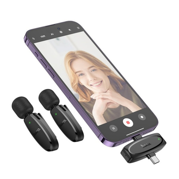 МІКРОФОННА РАДІОСИСТЕМА HOCO L15 DUAL-MIC CLIP-ON WIRELESS DIGITAL MICROPHONE (IP/TYPE-C) BLACK 3