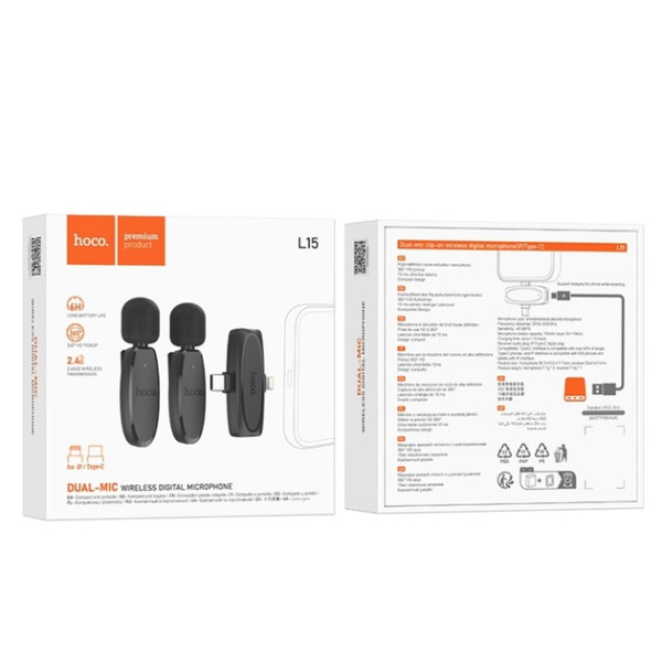 МІКРОФОННА РАДІОСИСТЕМА HOCO L15 DUAL-MIC CLIP-ON WIRELESS DIGITAL MICROPHONE (IP/TYPE-C) BLACK 4