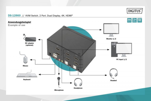 KVM ПЕРЕМИКАЧ DIGITUS (DS-12860) DESKTOP HDMA KVM, 2 PORT, DUAL DISPLAY, 4K 4