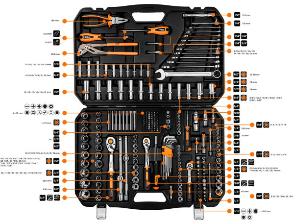 НАБІР ІНСТРУМЕНТІВ NEO TOOLS 1/2, 1/4, 3/8, 233ШТ (10-078 ) 9