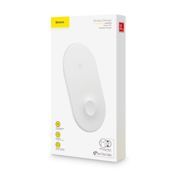 БЕСПРОВОДНОЕ ЗАРЯДНОЕ УСТРОЙСТВО BASEUS (WX2IN1-02) WHITE SMART 10W 2 IN 1 0