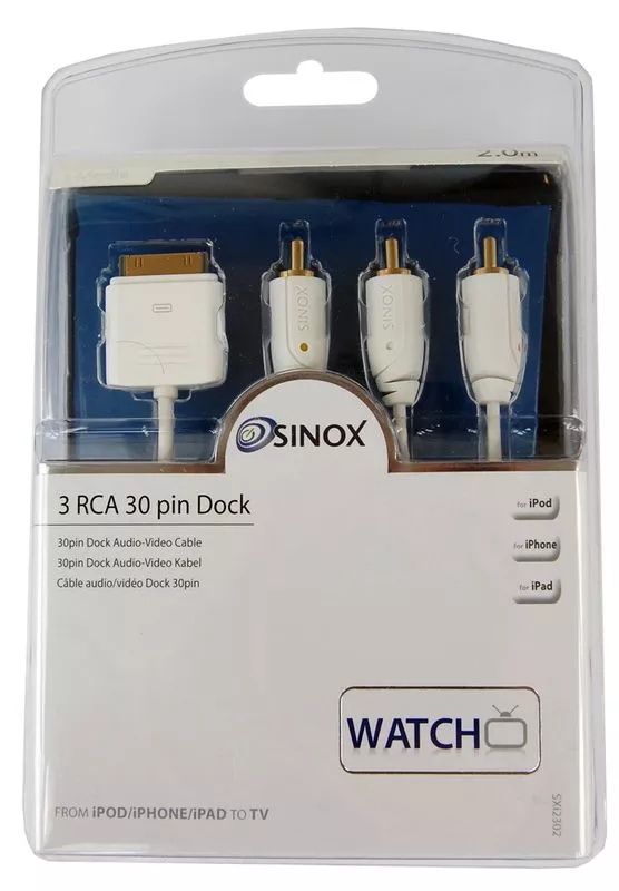 Відео-кабель Sinox SX Plus 30pin iDock (тато)  -  3хRCA (тато), 1.0m White (SXI2302)