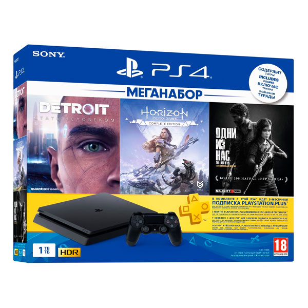 

Ігрова приставка Sony PlayStation 4 Slim 1Tb + Hor.+Detroit+Last of Us + PSPlus 3 мес, PlayStation 4 1 Tb + Horizon Zero Dawn. CE + Detroit + The Last of Us