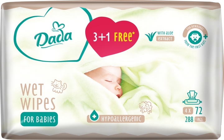 Дитячі вологі серветки Dada 3+1 з екстрактом алое (4 х 72 шт.) (4820174980856)