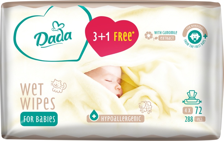 Дитячі вологі серветки Dada 3+1 з екстрактом ромашки (4 х 72 шт.) (4820174980863) Dada - купити в Україні