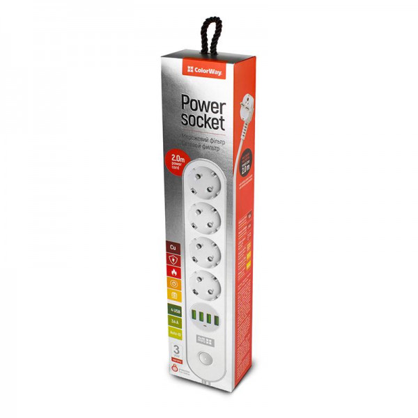 Мережевий фільтр ColorWay CW-CHE44W White 4 розетки, 4 USB, 2 м