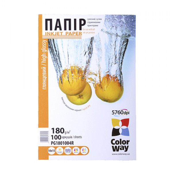 

Папір 10*15 100л глянцевий 180г/м2 PG180-100 ColorWay, PG180-100 10x15
