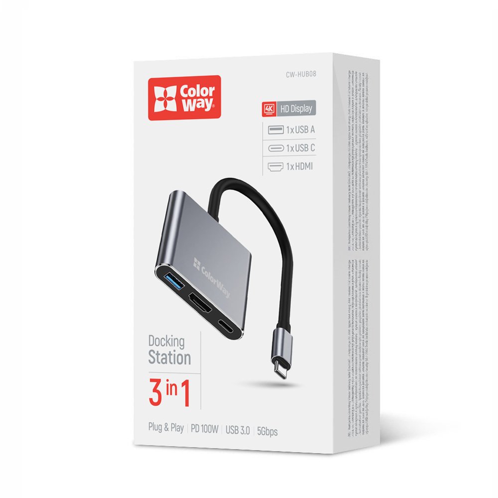 USB-хаб ColorWay USB-C 3-в-1 Type C PD 100W/USB3.0/HDMI 4k (CW-HUB08)
