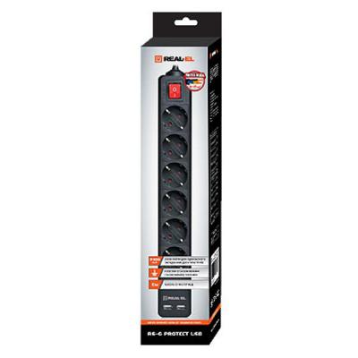 Мережевий фільтр REAL-EL RS-6 PROTECT EL122300018 Black 5 м, USB