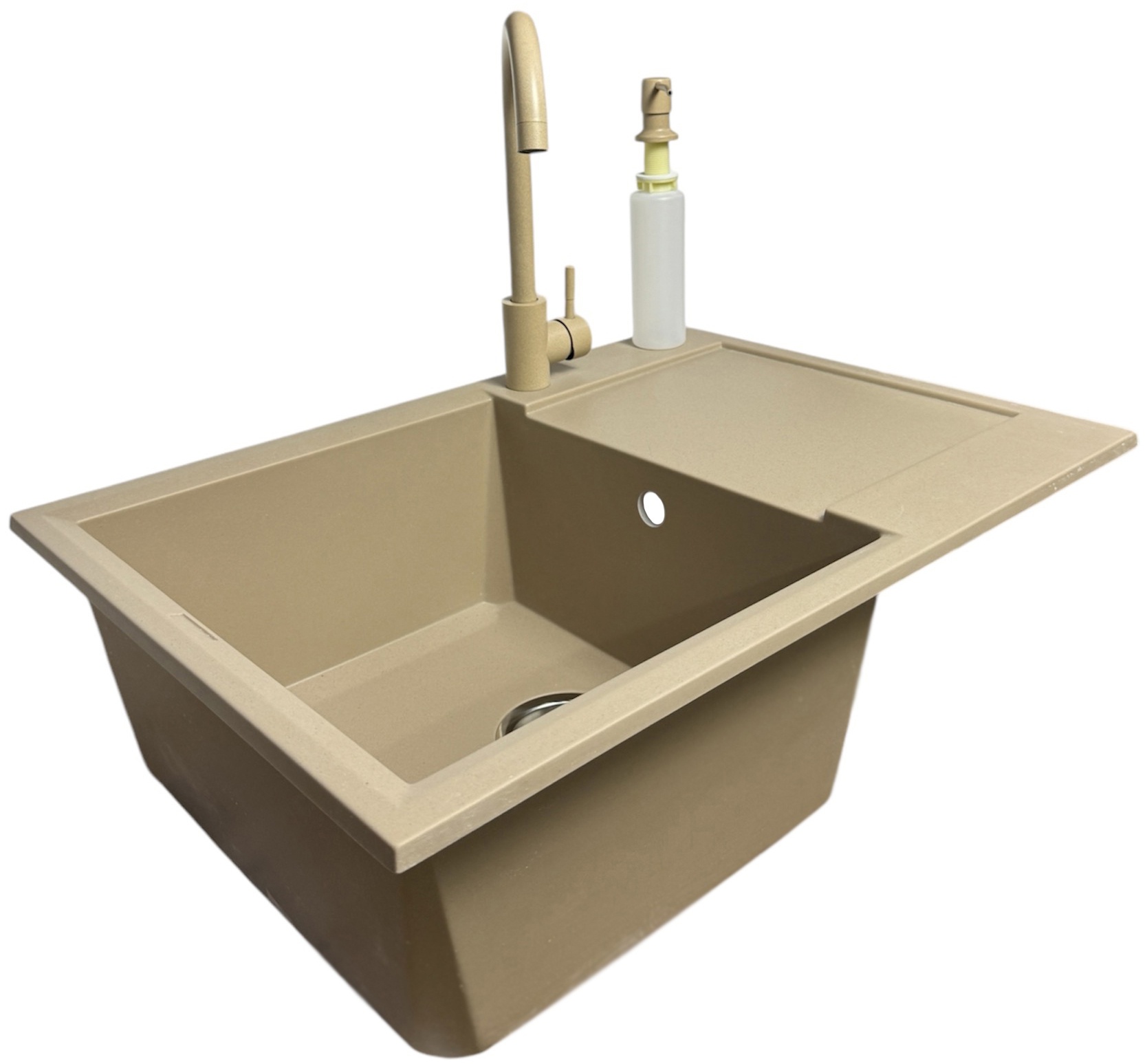 Кухонна мийка Adamant Horizon Medium, штучний камінь, прямокут., з крилом, 700х500х230мм, чаша  -  1, врізна Sahara + змішувач та дозатор