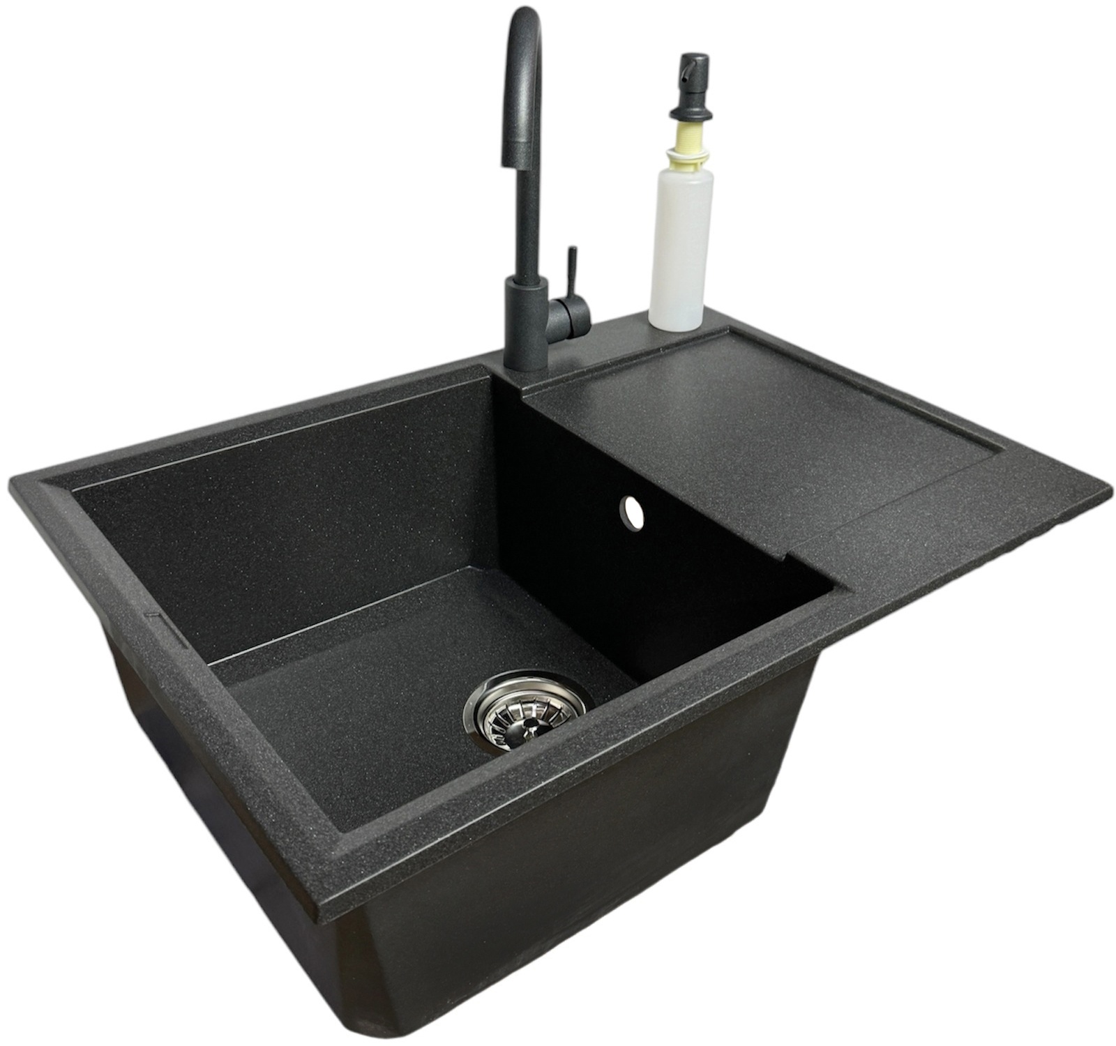 Кухонна мийка Adamant Horizon Medium, штучний камінь, прямокут., з крилом, 700х500х230мм, чаша  -  1, врізна Grafit + змішувач та дозатор