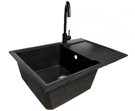 Кухонна мийка Adamant Horizon Medium, штучний камінь, прямокут., з крилом, 700х500х230мм, чаша  -  1, врізна Black + змішувач
