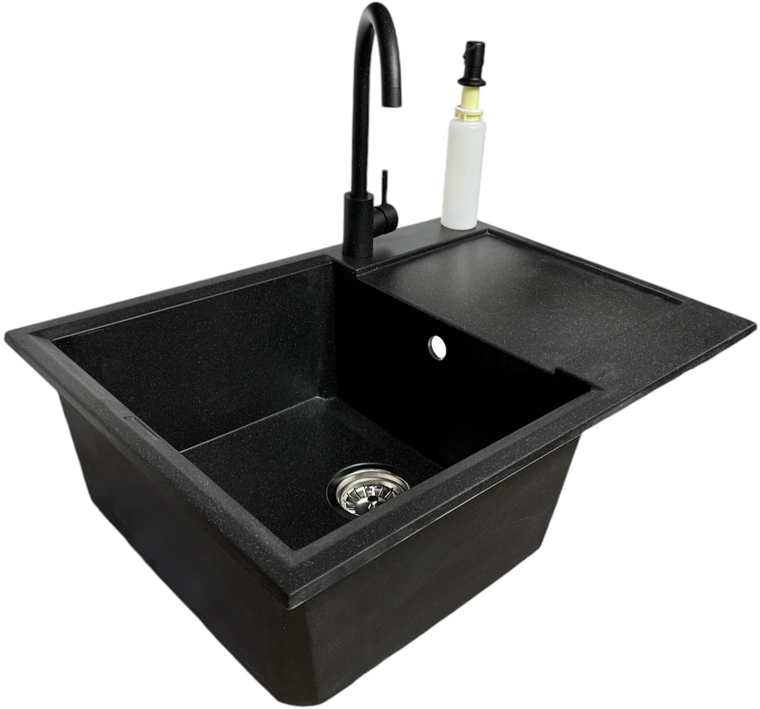 Кухонна мийка Adamant Horizon Medium, штучний камінь, прямокут., з крилом, 700х500х230мм, чаша  -  1, врізна Black + змішувач та дозатор
