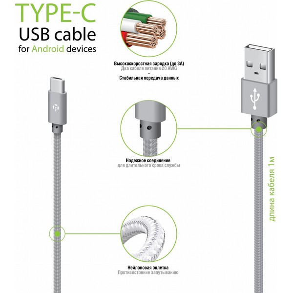 Дата-кабель Intaleo 1283126489136 1m USB(тато) - USB Type C(тато) Gray