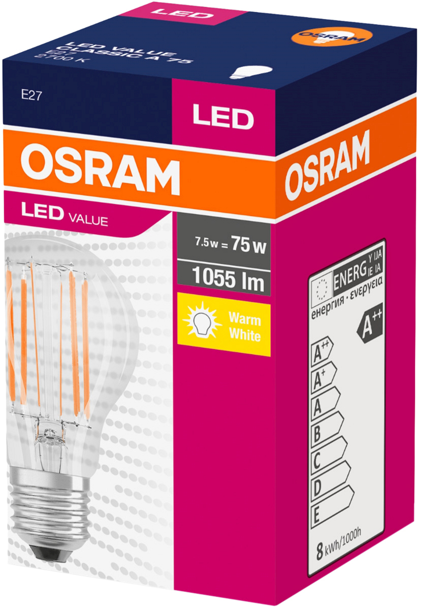 Світлодіодна лампа OSRAM LED Value Filament A75 7.5W 1055Lm E27 2700K (4058075288669)