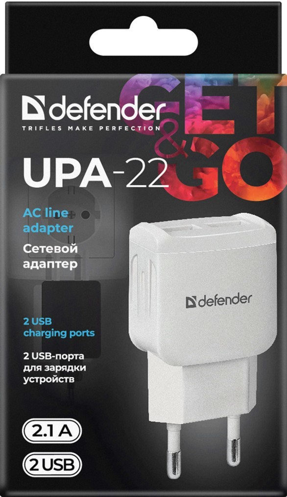 Адаптер живлення для телефона Defender UPA-22 White (83580) 2xUSB 2.1А