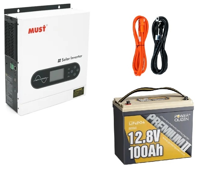 Сонячний інвертор MUST 2000W, 12V + акумулятор Power Queen 12.8V 100Ah Mini, 1280Wh