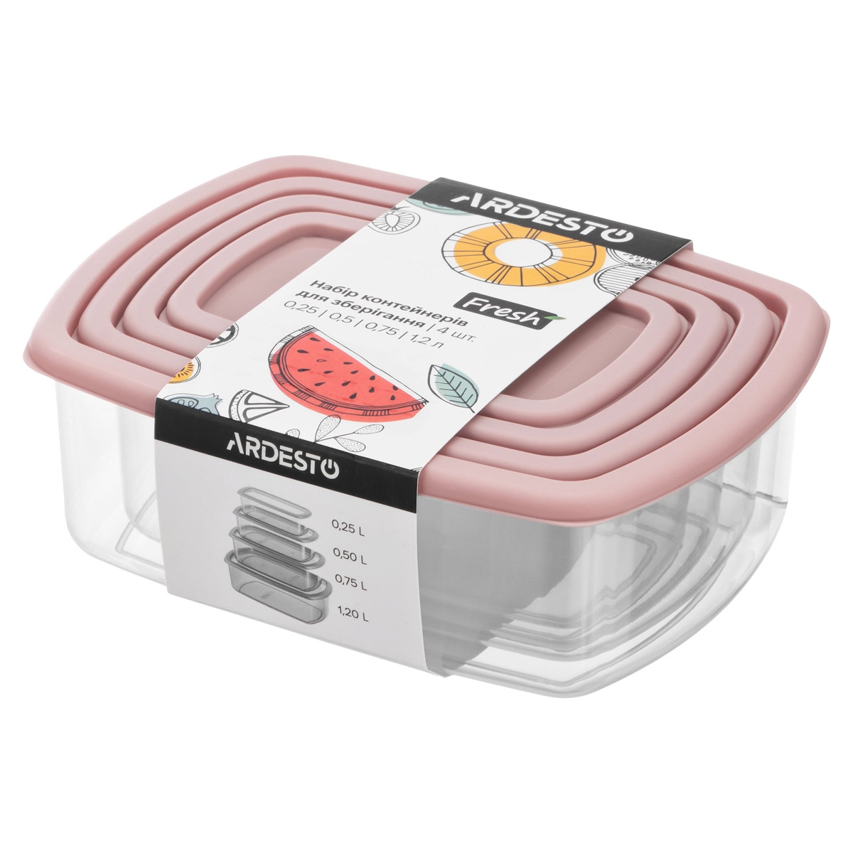 Набір контейнерів для їжі Ardesto Fresh 0.25/0.5/0.75/1.2л Pink (AR1312P)