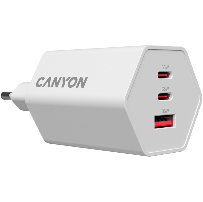 Адаптер живлення для телефона Canyon charger HEXAGON 65 GaN 65W 2xPD 1xQC EU White Canyon - купити в Україні