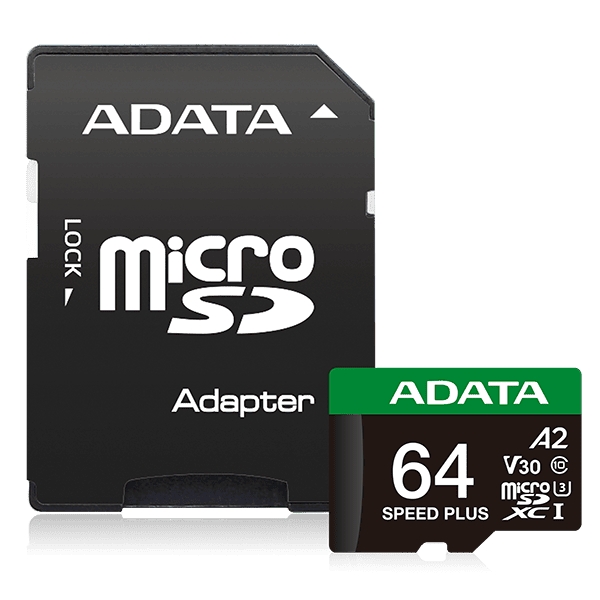 Карта памяті ADATA SPEED PLUS 64GB Class 10 V30 A2 + SD-adapter Black (UD64GUI3V30A2SP-RA1)