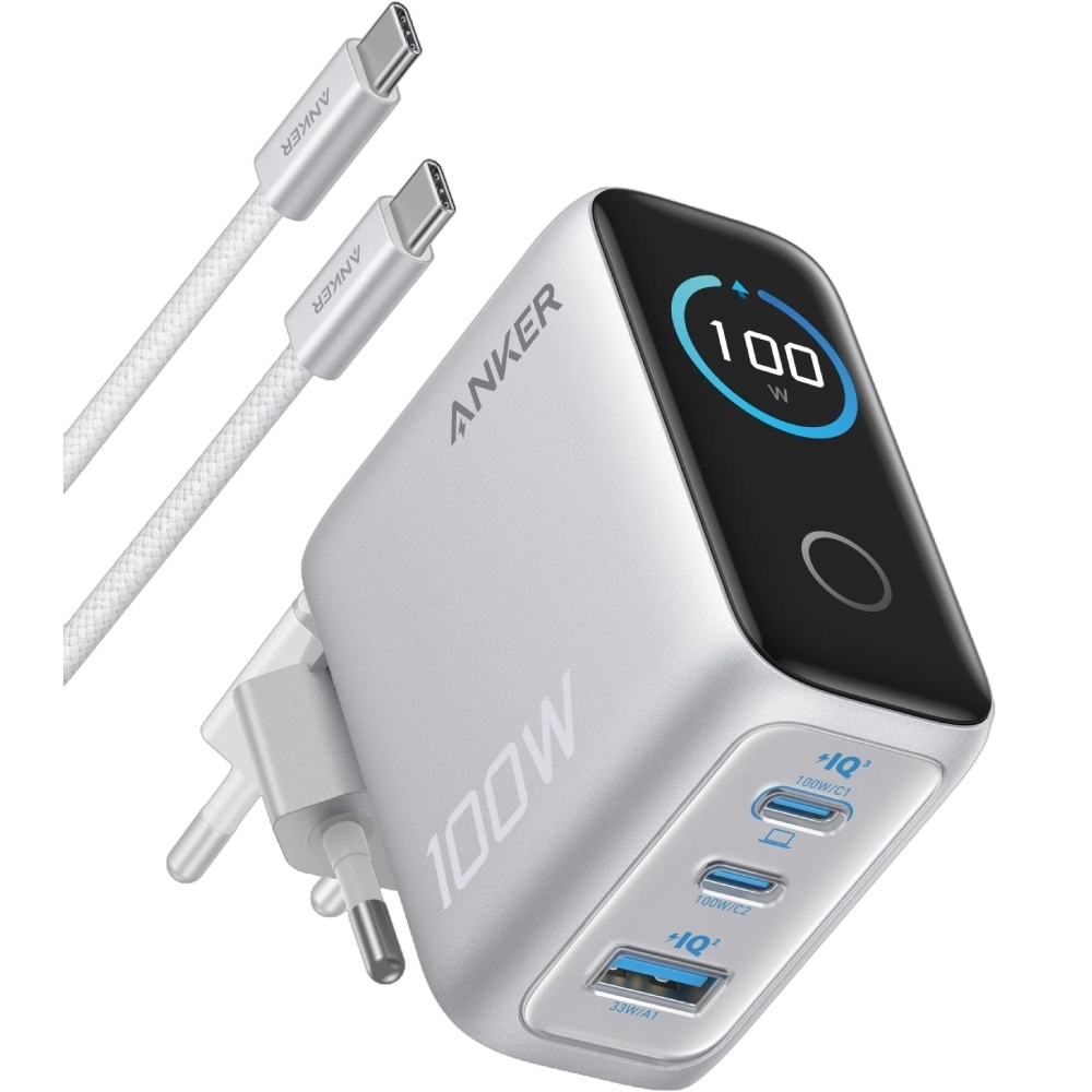 Мережевий зарядний пристрій для телефона Anker B121BG41 Silver GaN Charger 100W, 2xUSB-C PD &amp; 1xUSB-A w Display and Cable Anker - купити в Україні