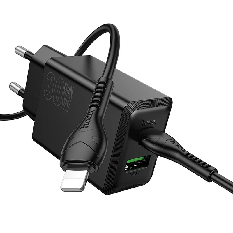 Мережевий зарядний пристрій для телефона Hoco N71 Nuevo PD30W + QC3.0 (1USB-A/1C) Black + кабель Type-C to Lightning