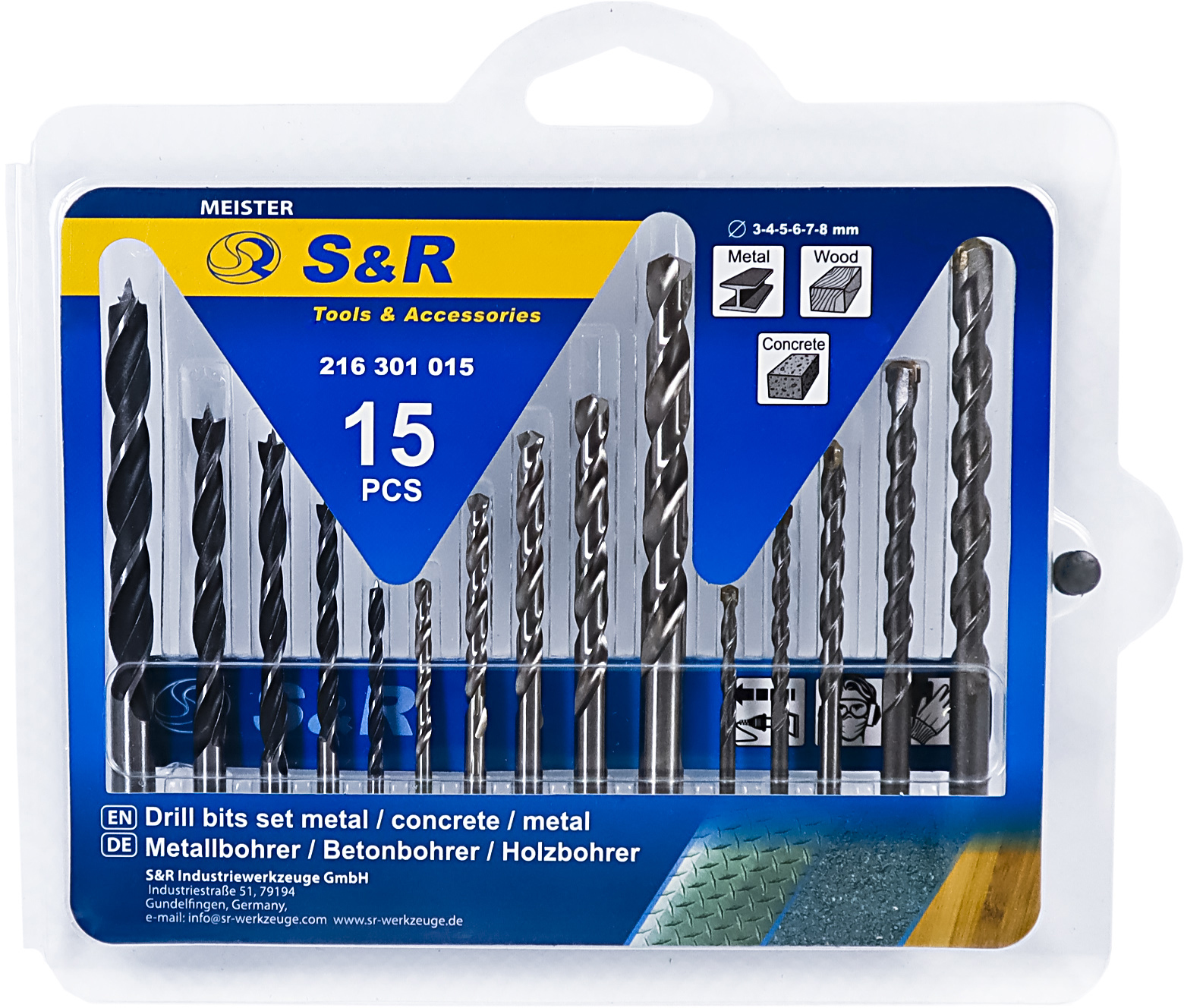 Набір свердел S&amp;R Meister для металу, бетону, дерева 3, 4, 5, 6, 8 мм 15 шт. (216301015) S&amp;R - купити в Україні