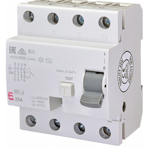 Диференційне реле ETI 2064142 ПЗВ EFI-P4 4P 25A 10kA 300mA тип AC ETI - купити в Україні