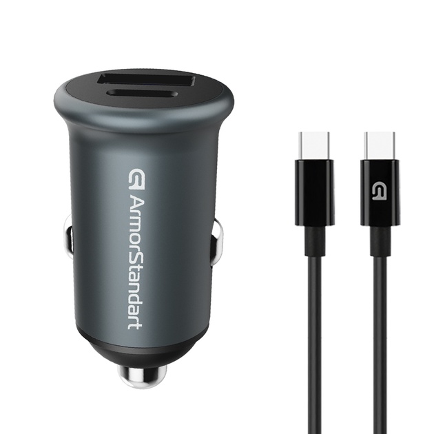 Автомобільний зарядний пристрій для телефона ArmorStandart (ARM82461) USB Type-C PD20W + USB QC 3.0 Gray + кабель USB-C