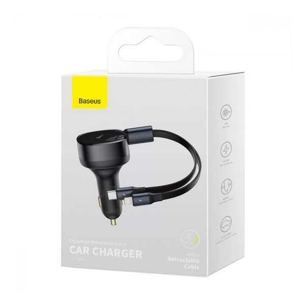 Автомобільний зарядний пристрій для телефона Baseus Enjoyment Retractable 2-in-1 Car Charger Black Baseus - купити в Україні