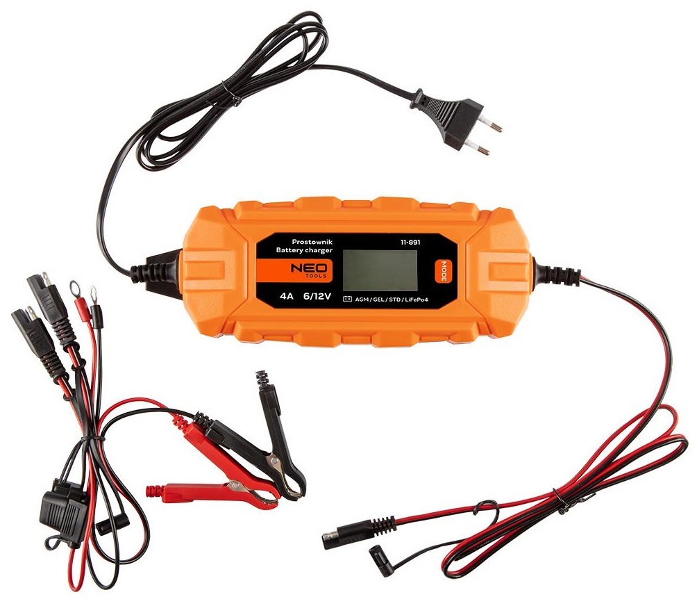 Зарядний пристрій для акумулятора автомобіля Neo Tools 11-890 Black Orange