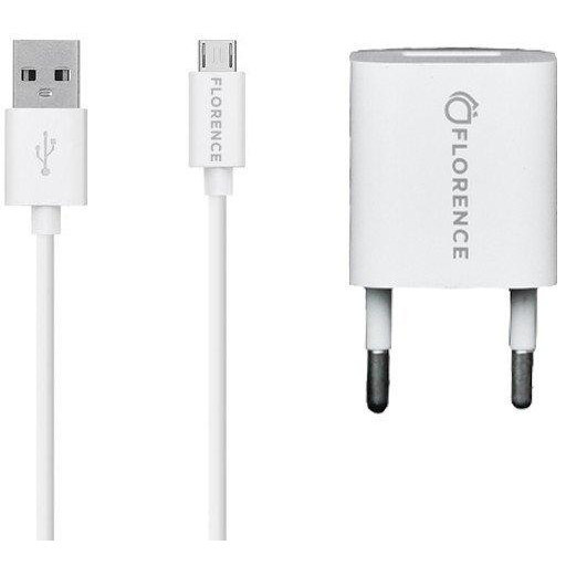 Мережевий зарядний пристрій для телефона Florence FL-1000-WM White 1USB 1A + microUSB