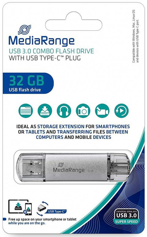 Флеш память MediaRange Combo Flash Drive MR936 Silver 32GB Type-C/USB 3.0