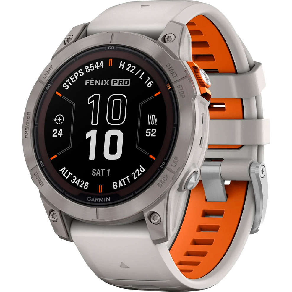 Смарт-годинник Garmin Fenix 7 Pro Sapphire Solar Titanium w. Fog Gray/Ember O. Band (010-02777-20/21) Garmin - купити в Україні