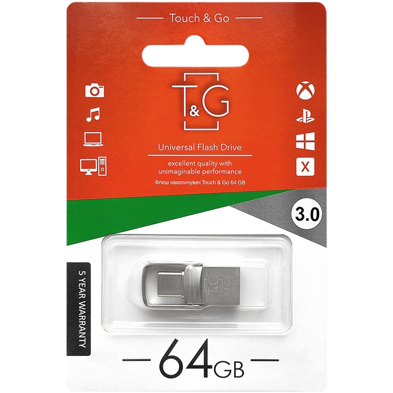 Флеш память T&amp;G Metal Series 104 64GB USB-A/Type-C Silver