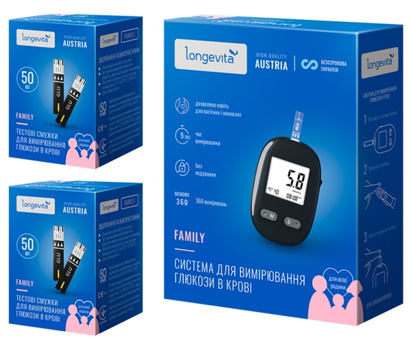 Глюкометр LONGEVITA Family +Тест.смуж.100шт.(2*50шт/уп.)