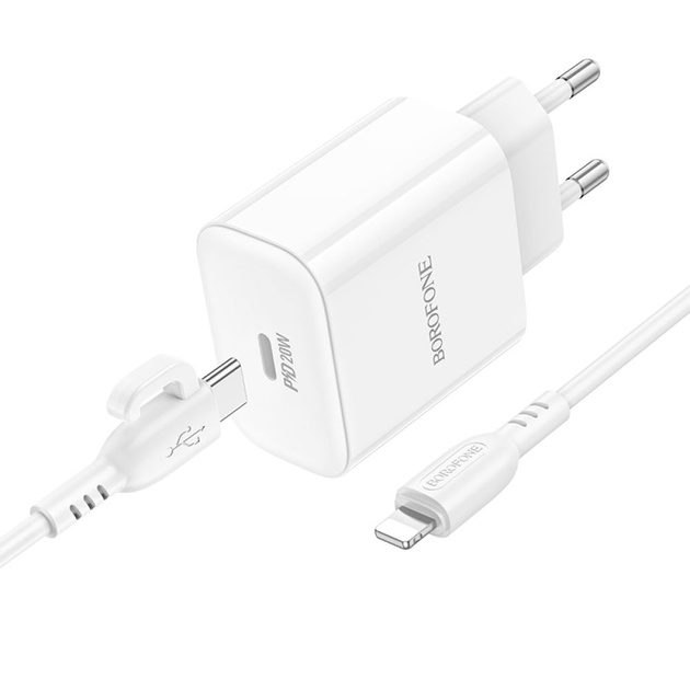Мережевий зарядний пристрій для телефона Borofone BA81A 20W/1 USB-C + Lightining White