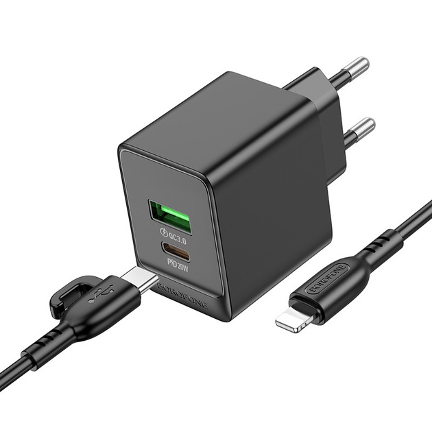Мережевий зарядний пристрій для телефона Borofone BAS14A 20W/1USB + 1USB-C + Lightining Black