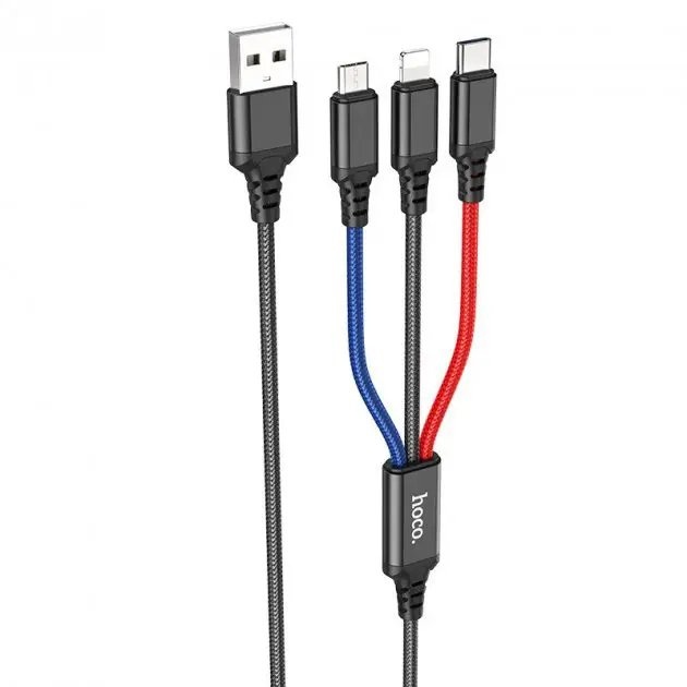 Дата-кабель Hoco X76 USB (тато)  -  Lightning (тато)/micro USB (тато)/USB-C (тато) 1м Black (K25610) Hoco - купити в Україні